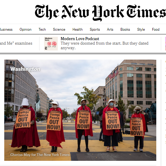 NYT Front page Handmaids in DC Oct 31-2