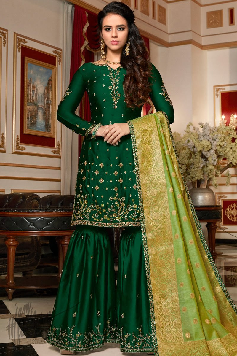 Forest and Parrot Green Satin Georgette Sharara Suit