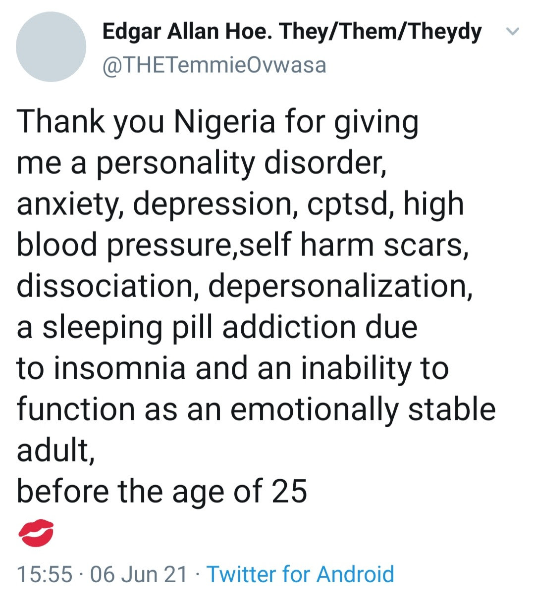 Temmie Ovwasa lists the mental and physical illnesses she has to deal with as she blames Nigeria for her condition 