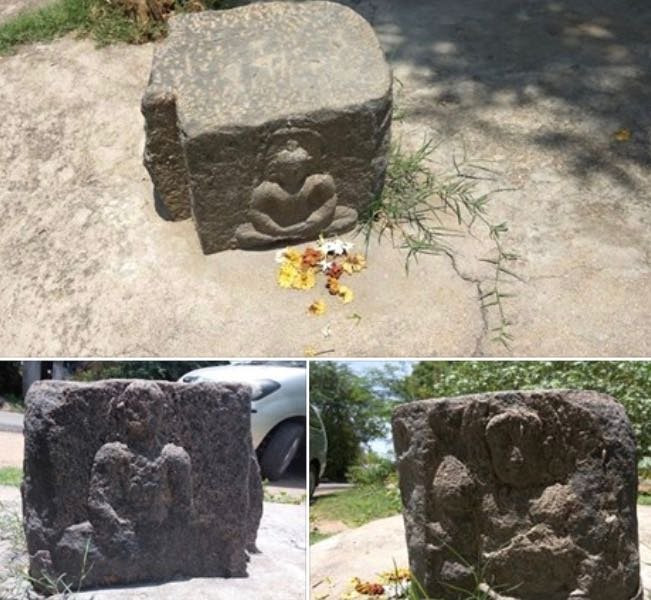 An ancient pillar with the carvings of Buddha and Bodhisattvas preserved in a new Dhamma centre at Konerikuppam, Kanchi.