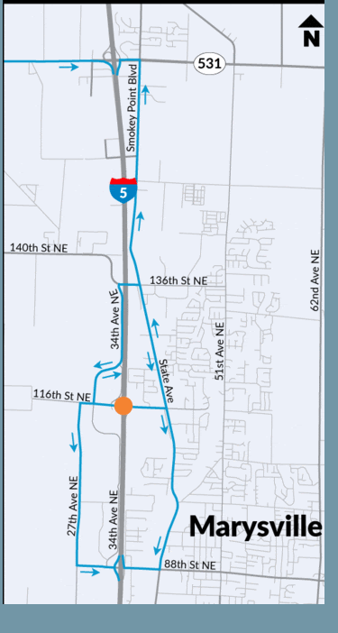 Detour route for closure of 116th Street Northeast overpass.
