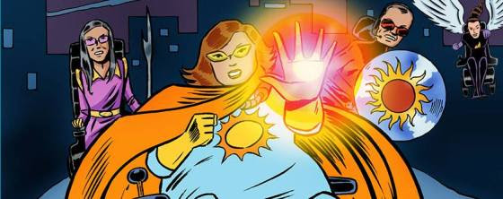 Cartoon drawing of Carrie as a superhero, with an orange cape. 