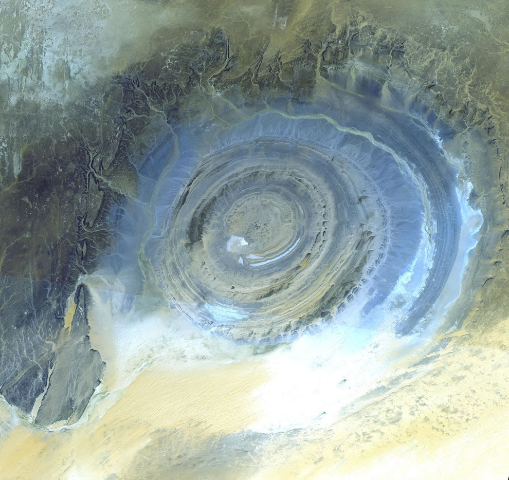 The Richat Structure.  A circular feature in the Sahara desert that is ~30 miles wide.  Not an impact crater nor a volcano.
