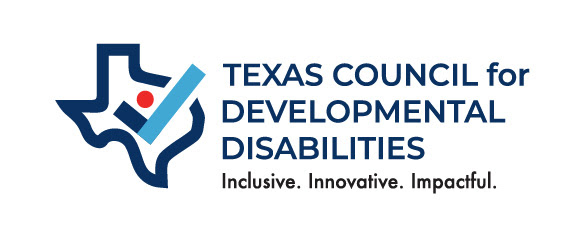 TCDD logo that features an outline of Texas with two-toned blue checkmark in the center, extending beyond the state outline, and a red dot just above the dip in the checkmark. To the right is text that says “Texas Council for Developmental Disabilities,” and “Inclusive. Innovative. Impactful.”