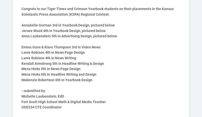 Congrats to our Tiger Times and Crimson Yearbook students on their placements in the Kansas...