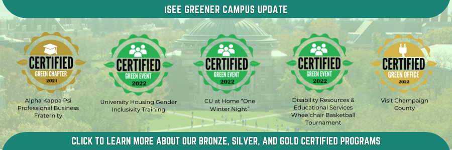 Green banner celebrating new Greener Campus-certified events and offices