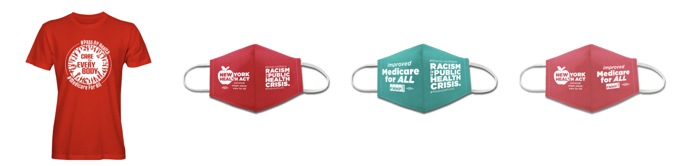 Image of one red tshirt and three facemasks branded withmessaging from Physicians for a National Health Program.