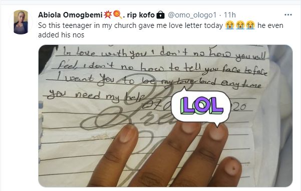 Nigerian lady posts love letter a teen boy in her church wrote to her
