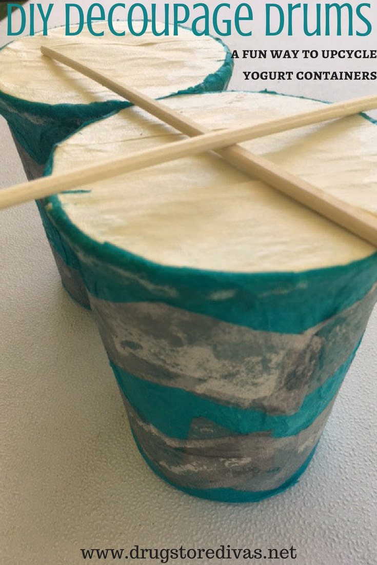 These DIY Decoupage Drums is a great way to upcycle yogurt containers. They're made from items you probably have at home. Trash to treasure!