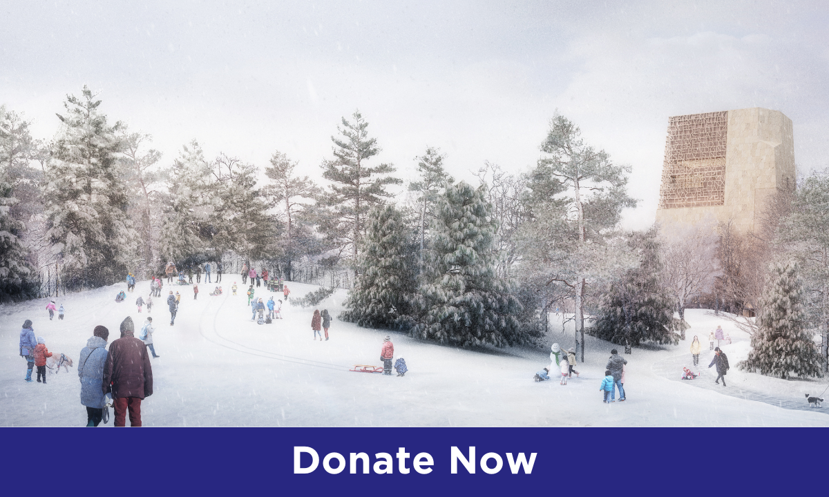 A rendering shows a snowy day at the Obama Presidential Center. A crowd of people of varying ages and skin tones walk, stand, or sled on the rolling hill scenery with scattered trees. The Museum building—a light stone tower with words carved on the upper left corner—can be seen in the background.