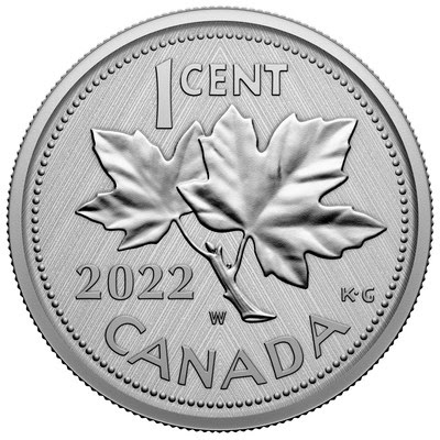 The classic G. E. Kruger Gray twin maple leaf and twig design appears atop the Royal Canadian Mint's new 1 oz. 2022 1-Cent Fine Silver Coin - 10th Anniversary of the Farewell to the Penny