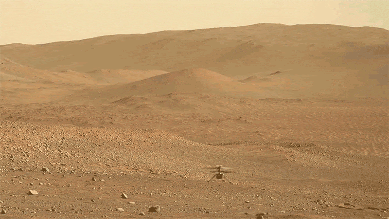 Animated GIF shows the Ingenuity Mars Helicopter with its blades spinning, taking off from the Mars surface and hovering in the air while spinning its body.