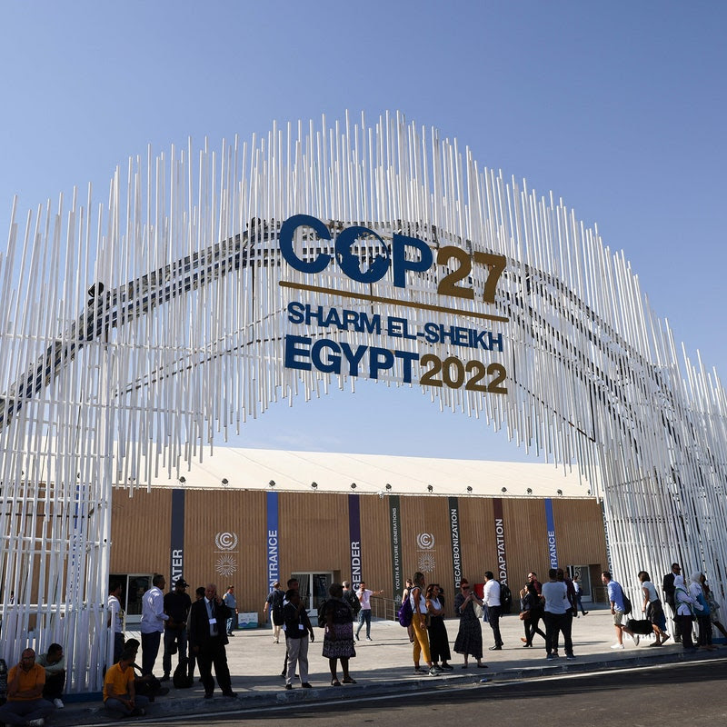 The main entrance to the COP27 climate summit, held in Egypt.