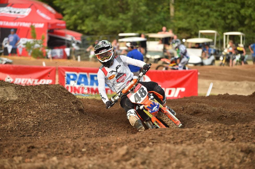Nate Thrasher won the last moto of the day, Supermini 2 (13-16), after tripling into the back section of the track called