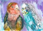 5x7 Lovebird and Budgie The Odd Couple Birds Watercolor by Penny StewArt - Posted on Saturday, February 14, 2015 by Penny Lee StewArt