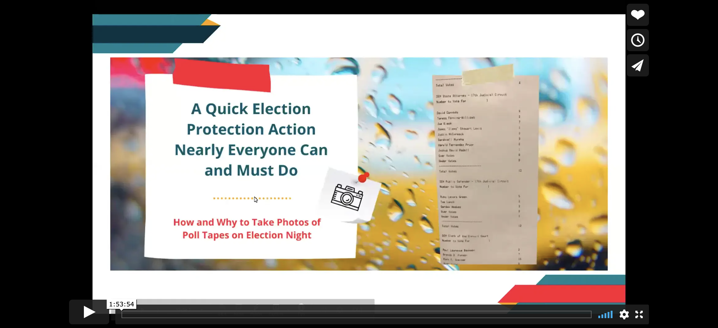 Scrutineers video training on election protection by taking photos of poll tapes on election night.
