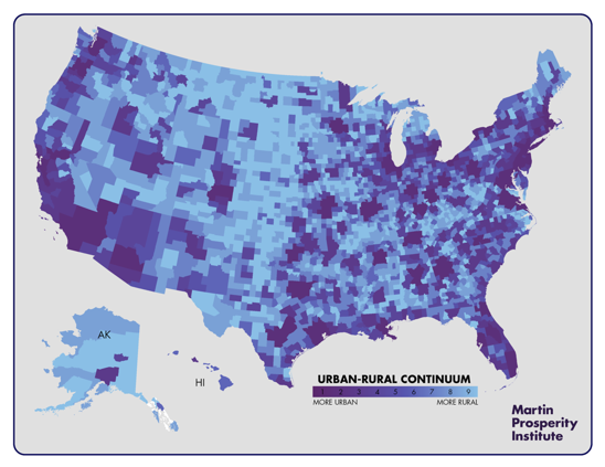 A map shows shows U.S. counties on the urban-rural continuum.