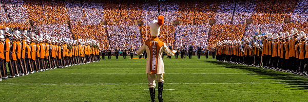 Pride of the Southland Marching Band in a checkerboard Neyland Stadium