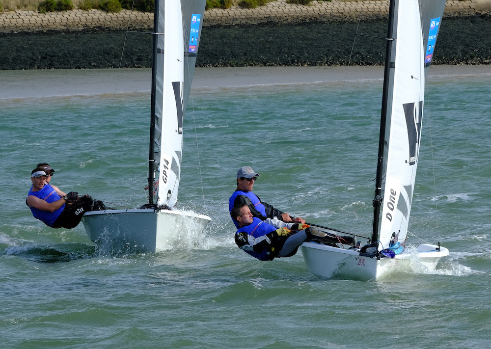 Nick Craig and Toby Lewis (D One) to leeward, lead Matt Mee and Chris Martin (GP14) – photo Roger Mant