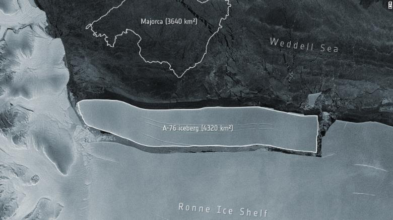 An overhead satellite image of the iceberg that broke free from Antarctica