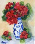 Red geraniums in blue and white bud vase - Posted on Friday, March 20, 2015 by Kim Peterson