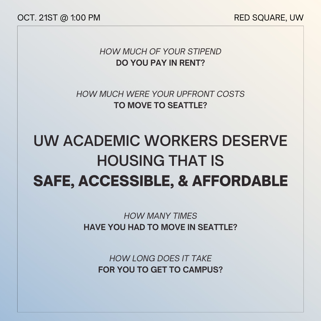 A blue and beige gradient background with the text: How much of your stipend do you pay in rent? How much were your upfront costs to move to Seattle? How many times have you had to move in Seattle? How long does it take for you to get to campus? In the center, the text in bold: UW Academic workers deserve housing that is safe, accessible, & affordable