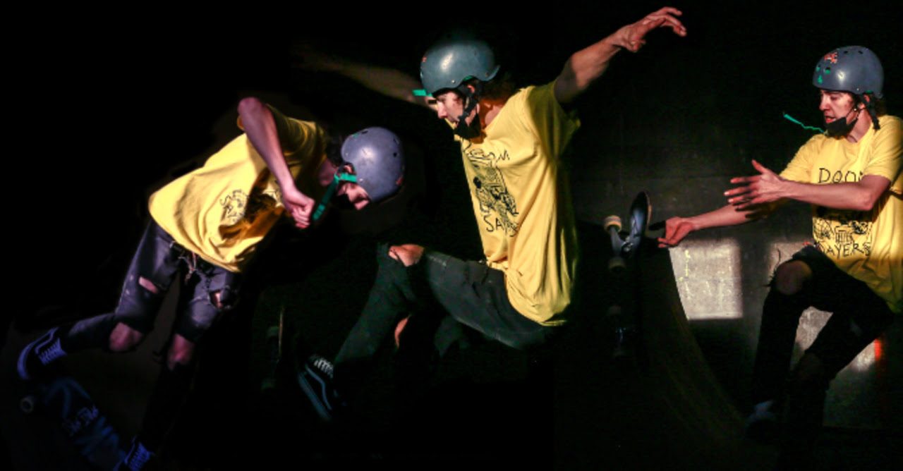 Composit image shows skateboarder in three different positions