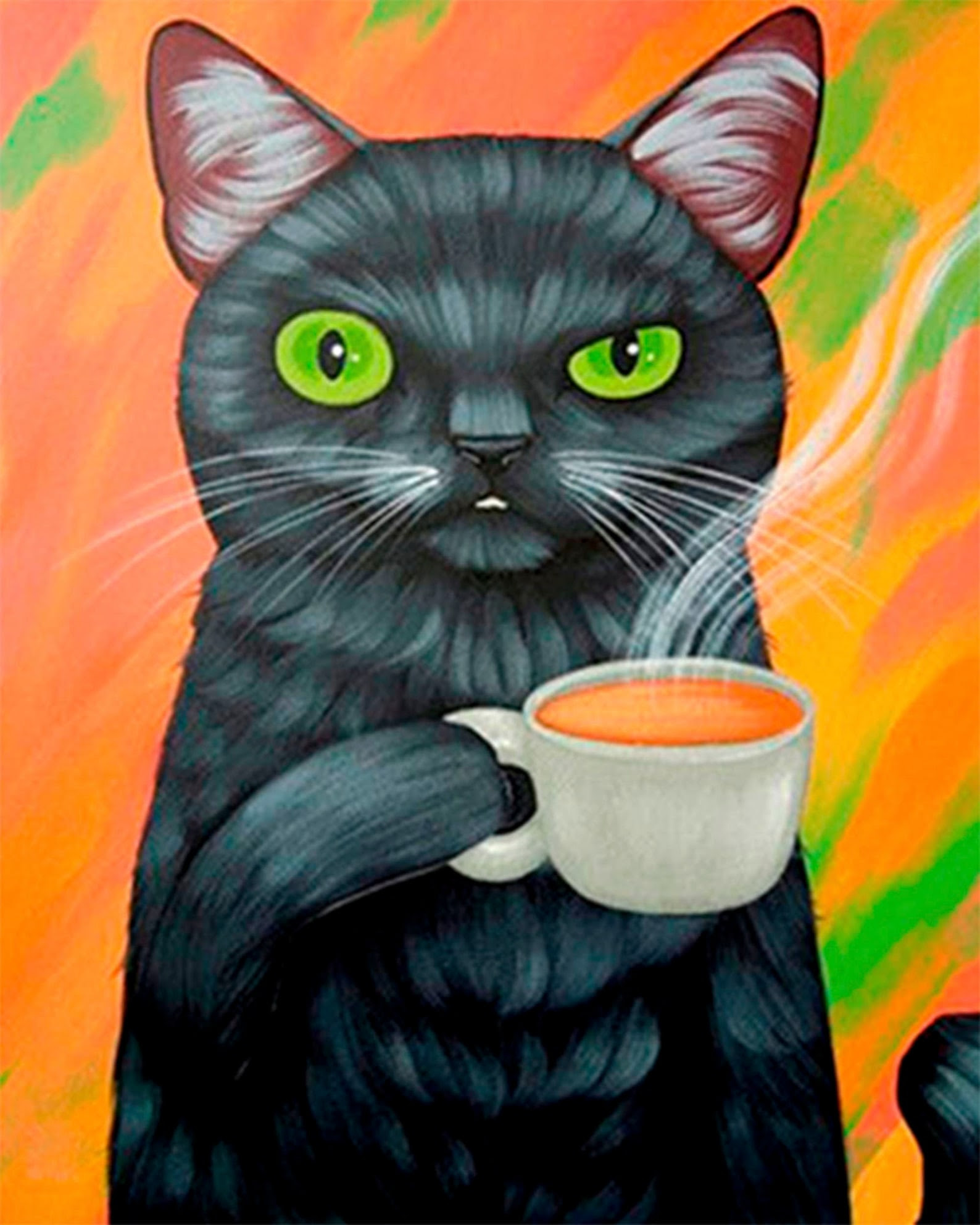 Cute Kitten Drinking Coffee Wall Art Cat Canvas Painting | Etsy