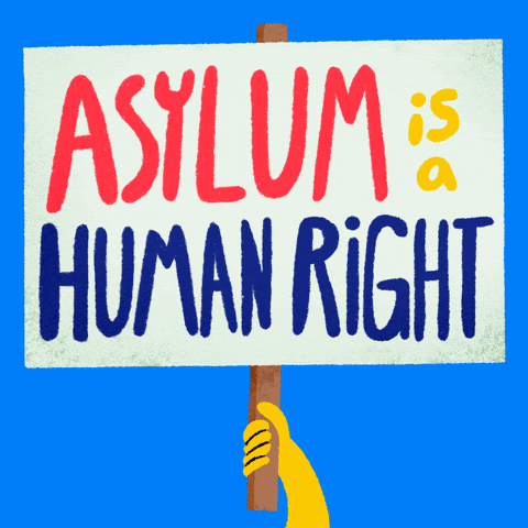 Image of someone holing up a sign that says "asylum is a human right"