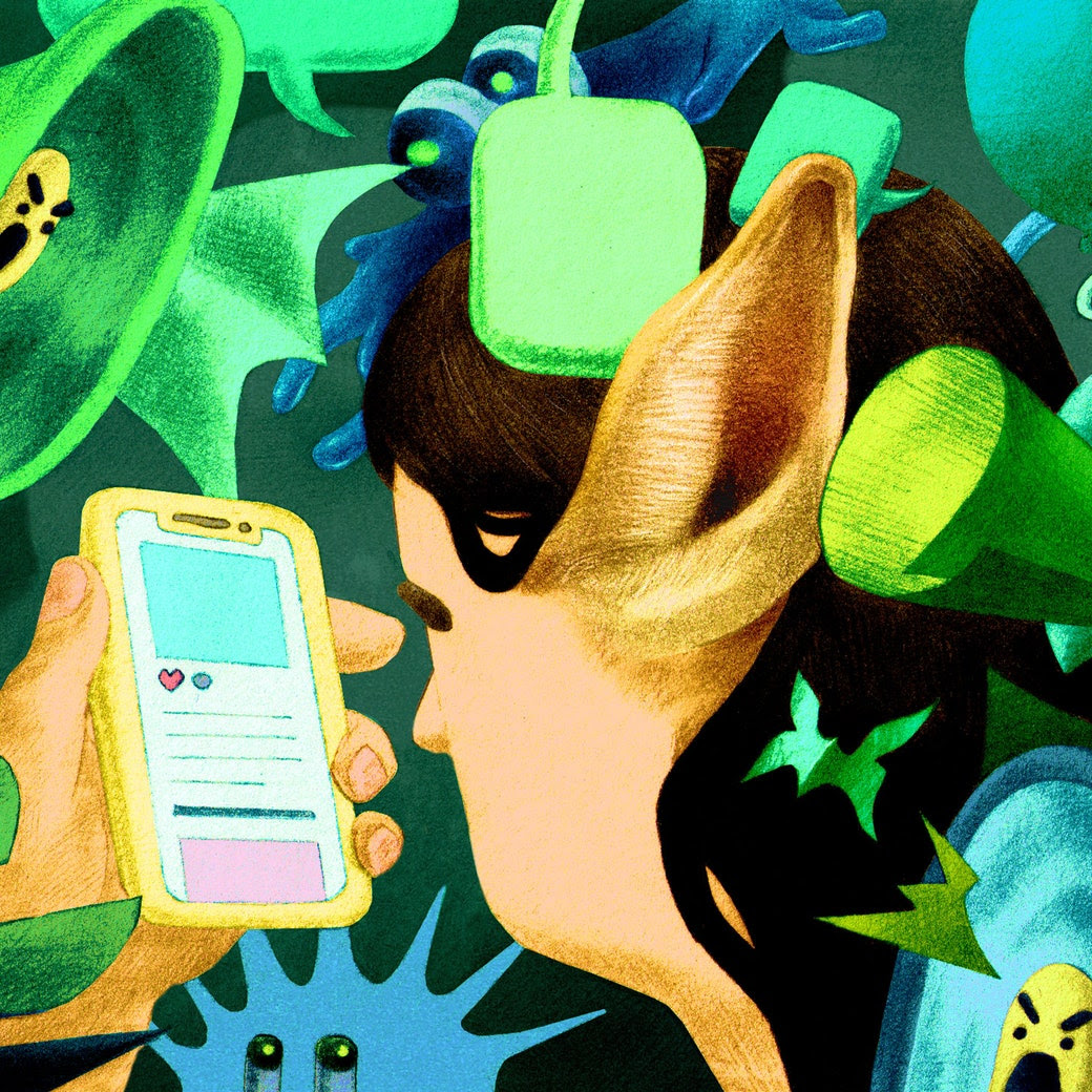 A person with very large and furry ears looking at their phone while abstract shapes surrounds them.