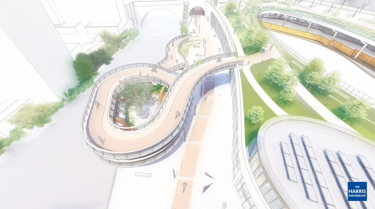 A visualisation of the cycling and walking 'helix ramp' at Stockport Interchange 