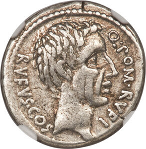 Q. Pompeius Rufus (ca. 54 BC). AR denarius (18mm, 3.86 gm, 5h). NGC VF 4/5 - 4/5