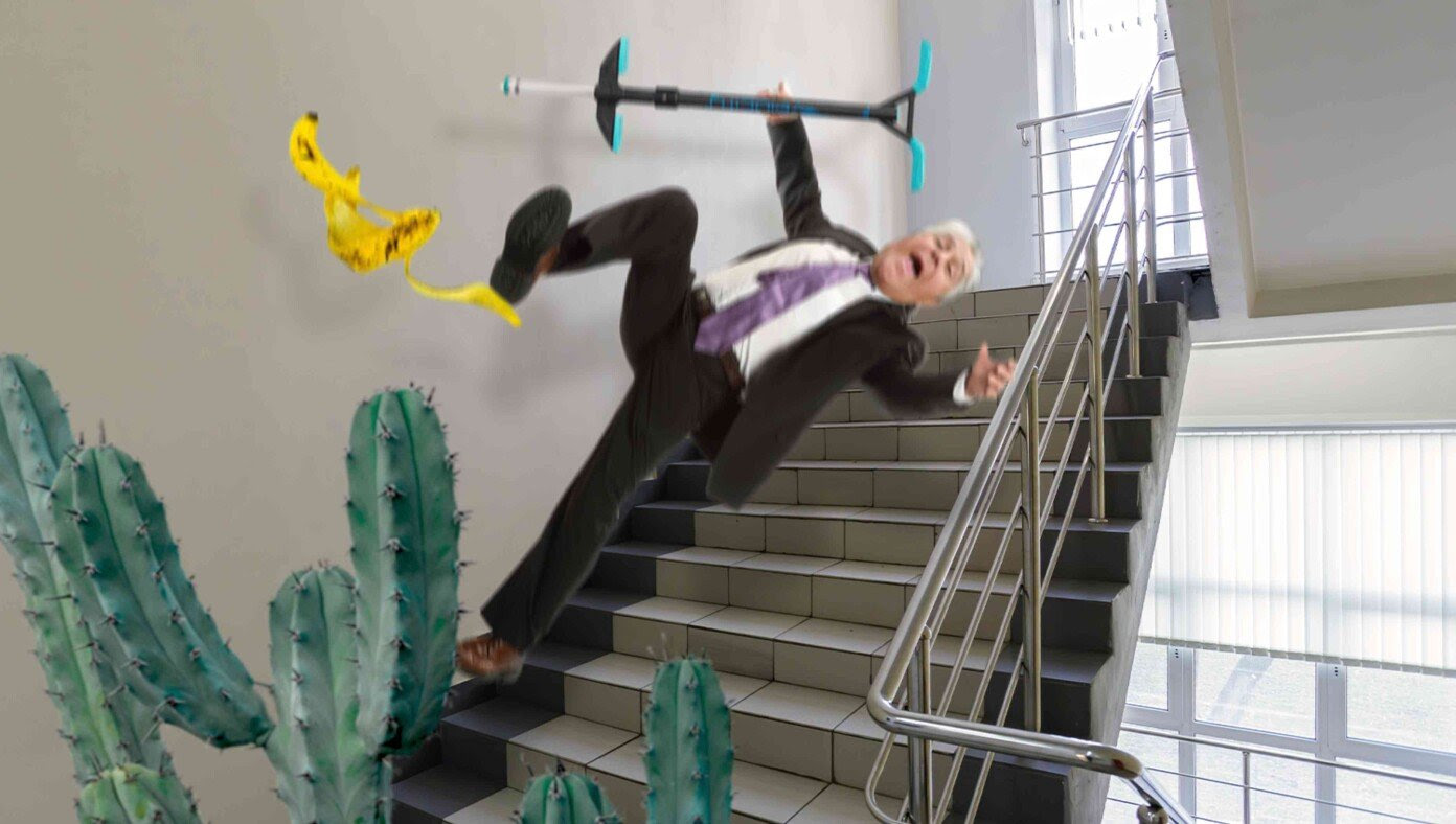 Jay Leno Slips On Banana Peel While Pogo-Sticking, Bounces Down 175 Stair Steps And Lands On Cactus