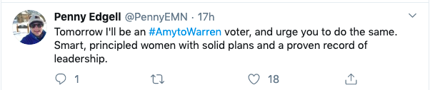 Turn on images to see a tweet from a voter who switched from Amy to Warren.