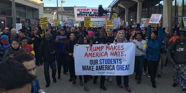 Protesters march from campus to Trump-rally site
