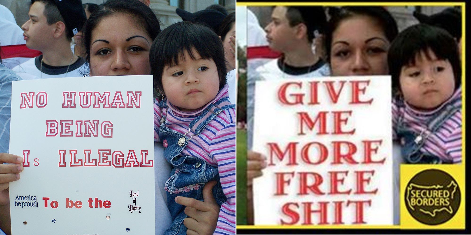 A photo taken at a pro-immigration rally by Randi Romo, left, and the altered image... A photo taken at a pro-immigration rally by Randi Romo, left, and the altered image as it appeared on a Russia-linked Facebook page, Secured Borders.