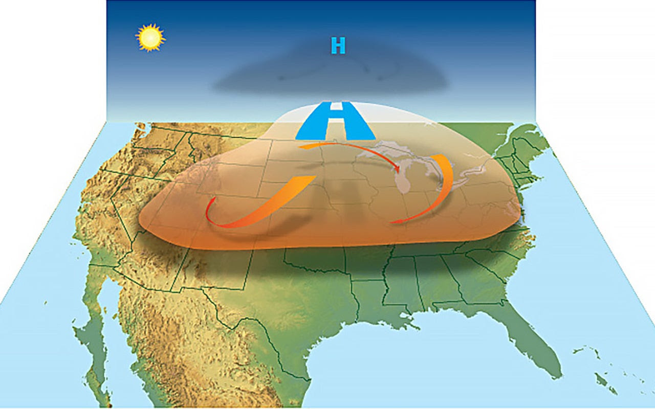 an illustration shows a large dome representing a high pressure system over the continental U.S.