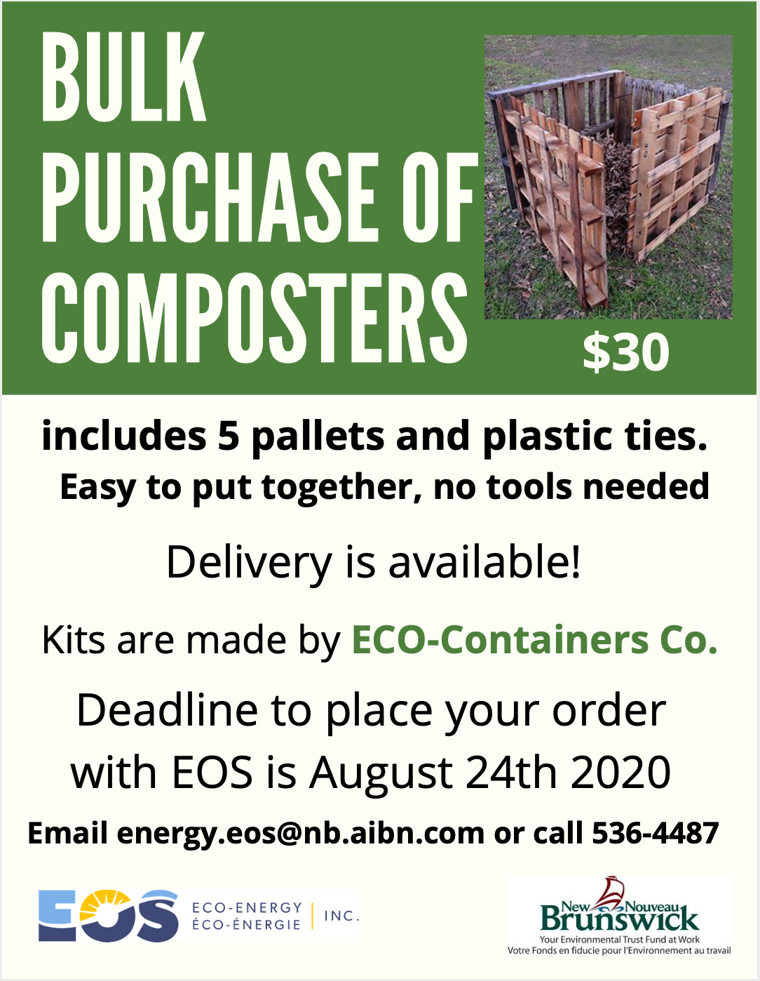 Includes 5 pallets and plastic ties. Easy to put together, no tools needed. Delivery is available! Kits are made by Eco-Containers Co. Deadline to place your order with EOS is August 24th, 2020. Email energy.eos|@nb.aibn.com or call 536-4487.