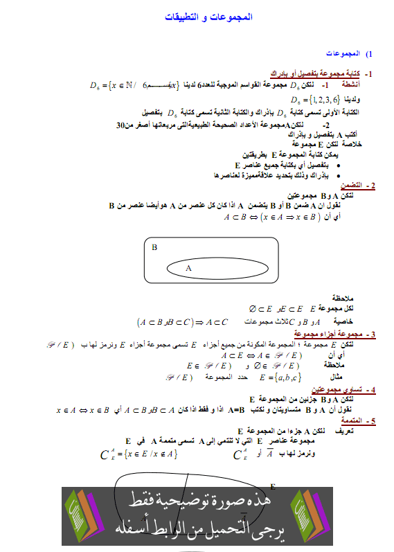 درس الرياضيات: المجموعات والتطبيقات – الأولى باكالوريا علوم رياضية Almajmoat-atatbikat