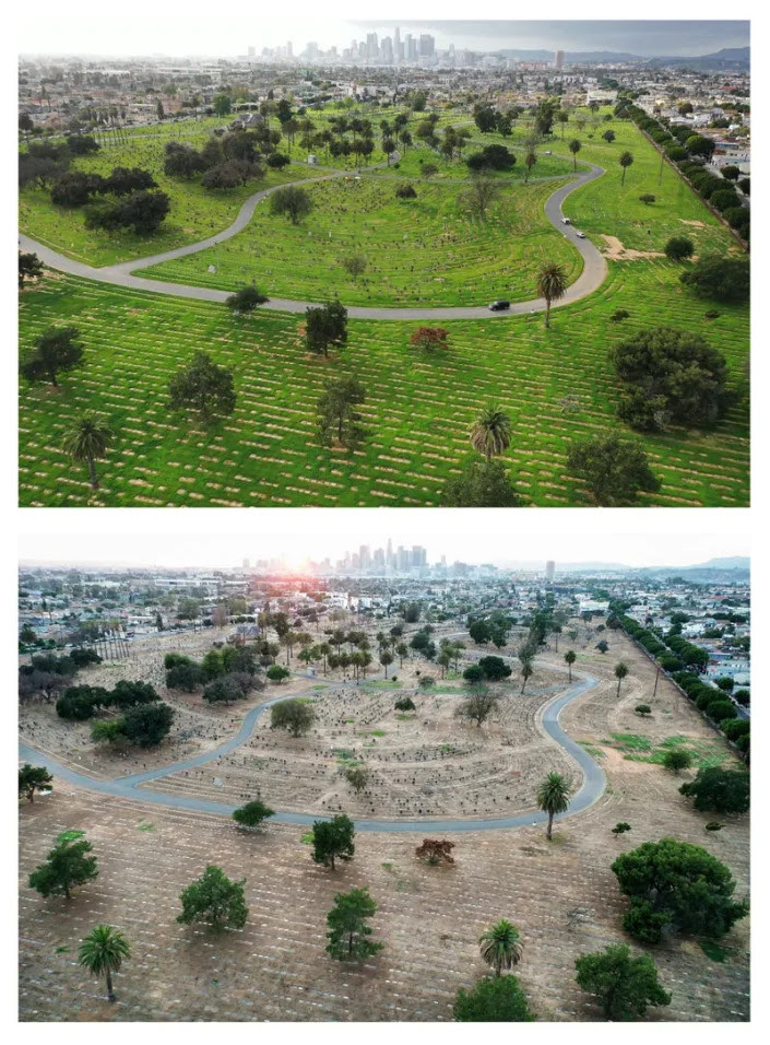 A view of Los Angeles from Evergreen Cemetery, February 2023 (top) vs. September 2022 (bottom).