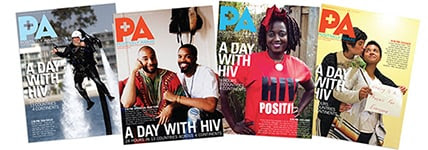 Photos of four issues of the magazine, Positively Aware, featuring 'A Day With H I V'