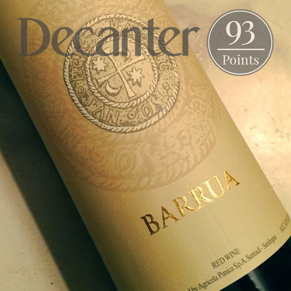 The label of a bottle of Barrua with the text "Decanter" and "93 Points" 