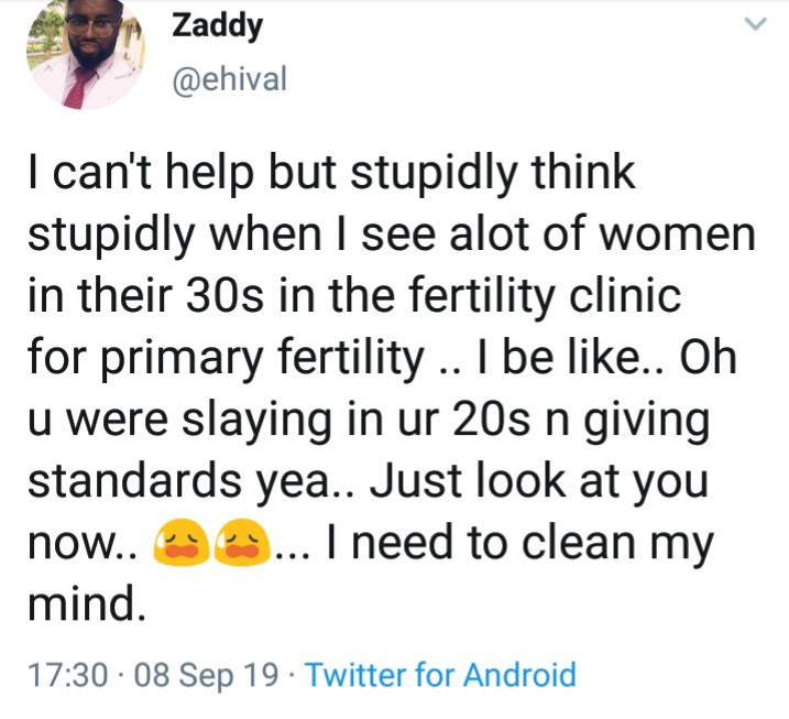 Nigerian doctor gets called out after he revealed what comes to his mind when he sees women in their 30s coming for fertility treatment