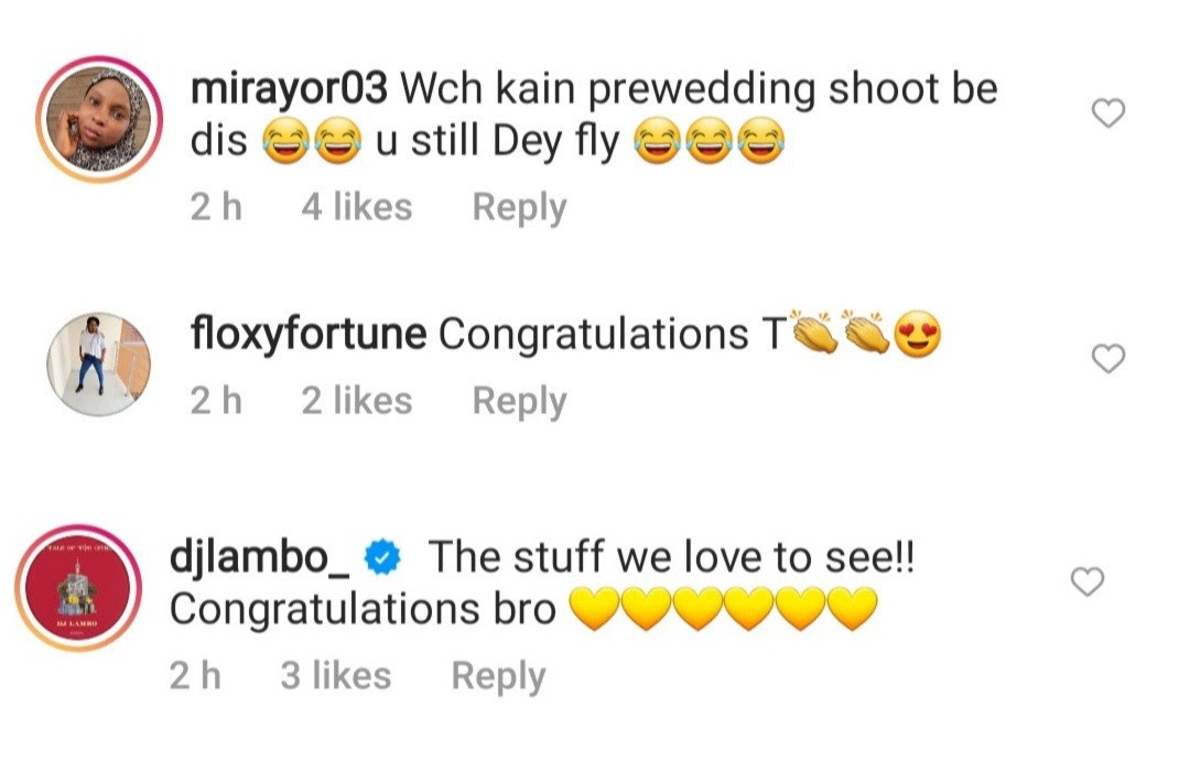 Congratulatory messages pour in as Tobi Bakre shares prewedding photo