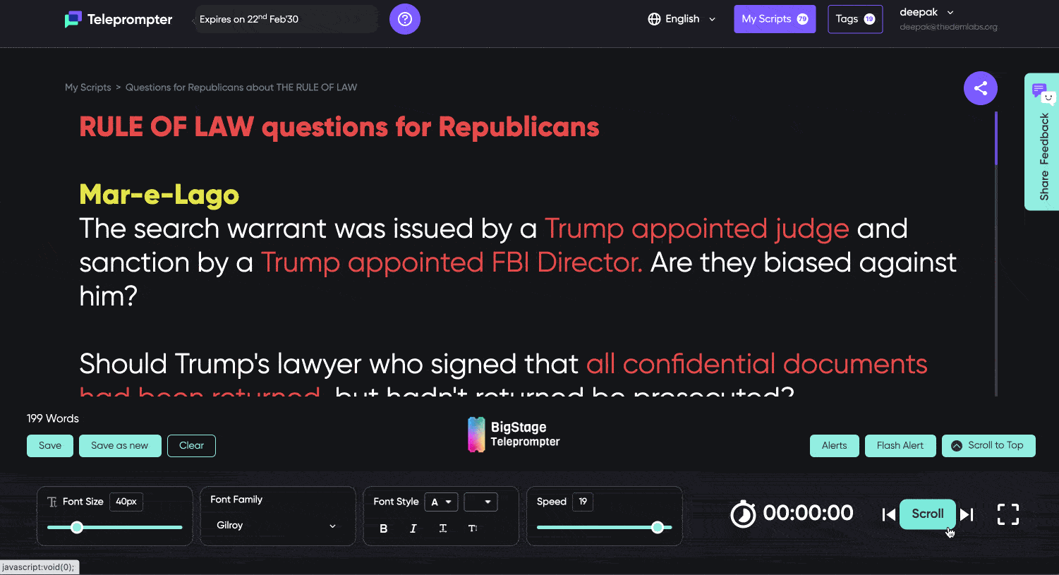 Use the RULE OF LAW script to ask Republicans about putting the lives of law enforcement officials at risk, weakening national security and using double standards for Trump.
