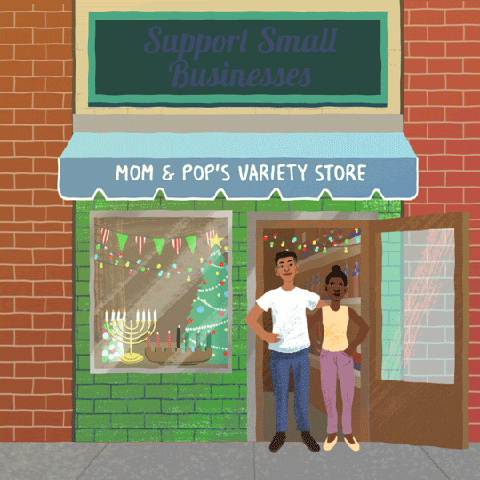 GIF of a storefront that says "support small businesses"