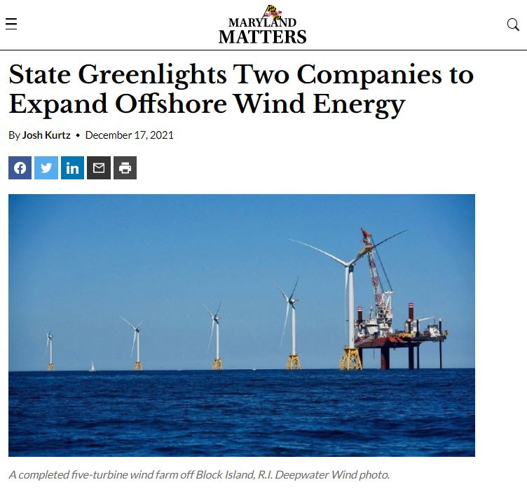 Article from Maryland Matters "state greenlights two companies to expand offshore wind energy"