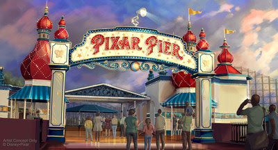 PIXAR PIER MARQUEE AT DISNEY CALIFORNIA ADVENTURE (ANAHEIM, Calif.) – When Pixar Pier opens on June 23 at Disney California Adventure park, guests will enter the permanent new land through a dazzling new Pixar Pier marquee. This reimagined land will feature four whimsical neighborhoods representing beloved Pixar stories with newly themed attractions, foods and merchandise. The Pixar Pier marquee will be topped with the iconic Pixar lamp later in the year. (Disney•Pixar/Disneyland Resort) PIXAR PIER MARQUEE AT DISNEY CALIFORNIA ADVENTURE (ANAHEIM, Calif.) – When Pixar Pier opens on June 23 at Disney California Adventure park, guests will enter the permanent new land through a dazzling new Pixar Pier marquee. This reimagined land will feature four whimsical neighborhoods representing beloved Pixar stories with newly themed attractions, foods and merchandise. The Pixar Pier marquee will be topped with the iconic Pixar lamp later in the year. (Disney•Pixar/Disneyland Resort)