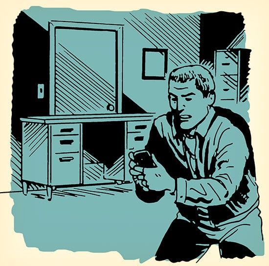 man hiding in dark room active shooter illustration