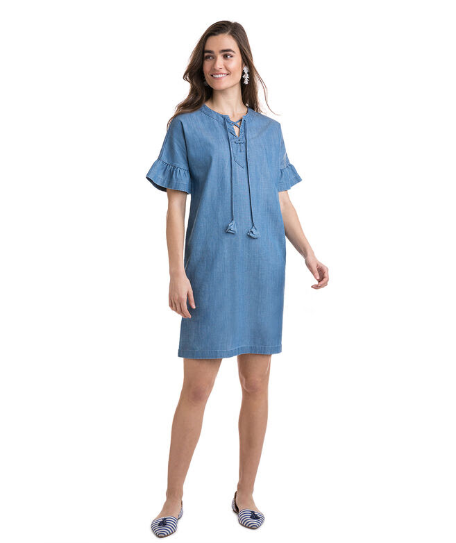 Chambray Flutter Sleeve Lace Up Dress